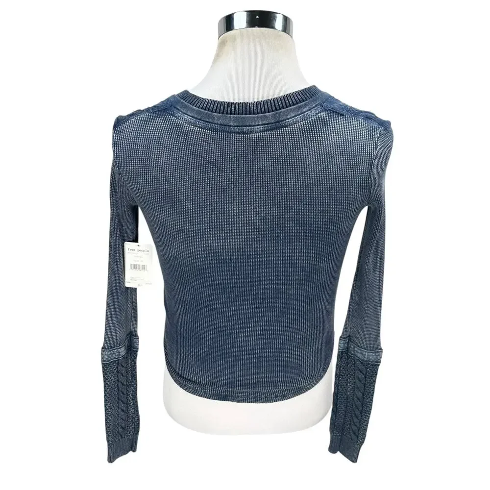 Free People Twisted Cable Cuff Top Women’s XS‎ Indigo Blue Pullover Knit NWT New